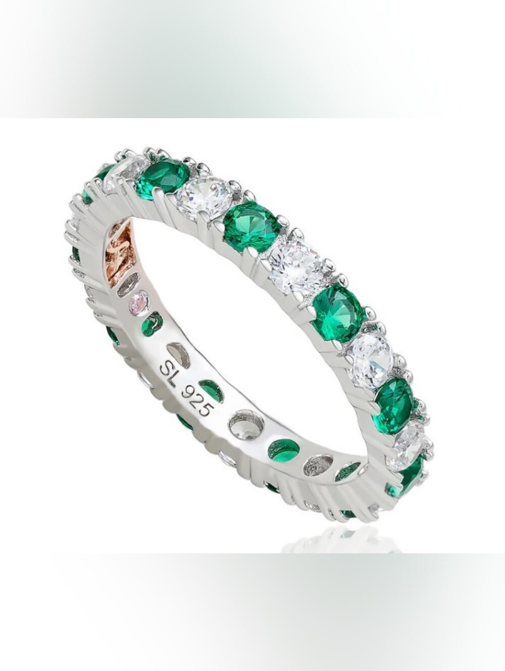 Suzy Levian Sterling Silver Cubic Zirconia Green Emerald Alternating Eternity Ba